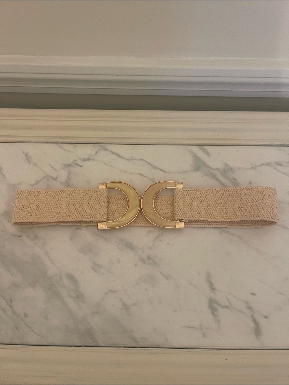 New York & Company Cream Elastic Belt with Gold Crescent Buckle